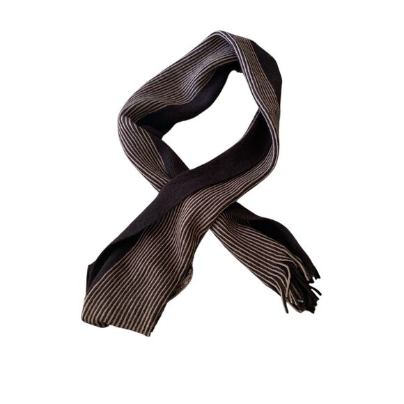 Calvin Klein Mens Chocolate Brown Striped Fringe Soft Wool Scarf 65x10 - Picture 1 of 4